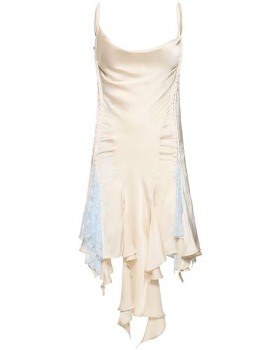Y. Project Ruffled Satin Mini Dress W/ Lace Inserts - White