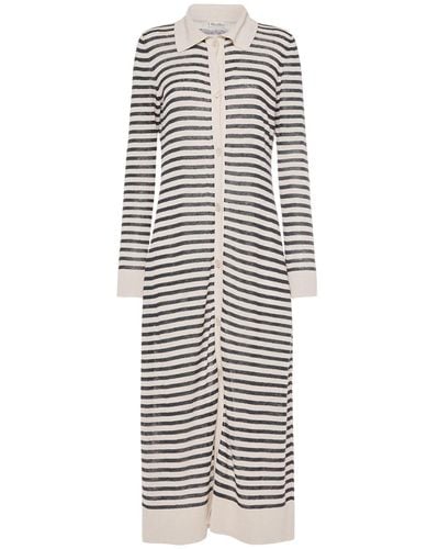 Max Mara Nine Striped Linen Long Sleeve Dress - White
