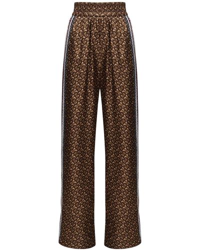 Burberry Tb Logo Wide Leg Mulberry Silk Trousers - Brown