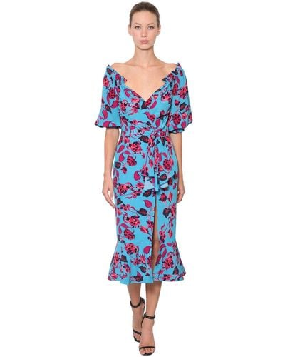 Saloni Olivia Floral Printed Silk Crepe Dress - Blue