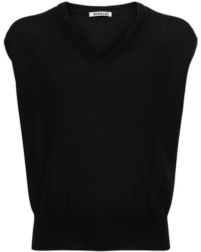 AURALEE Silk & Cashmere Knit V-neck Vest - Black