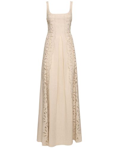 Alberta Ferretti Embroidered Linen Blend Long Dress - Natural