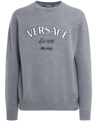 Versace Logo Embroidery Wool Sweater - Gray