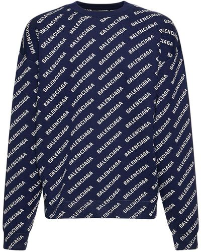 Balenciaga All-over Logo Cotton Blend Sweater - Blue