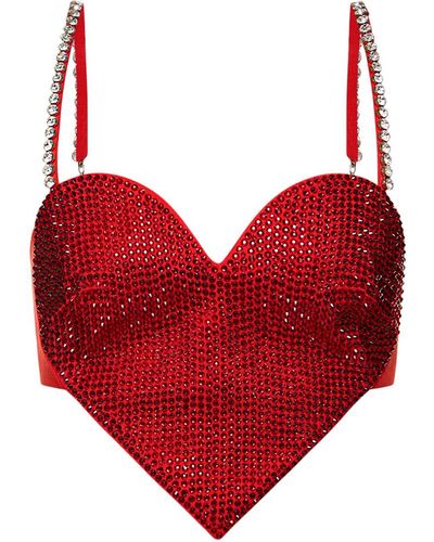 Area Embellished Heart-Shaped Wool Crop Top - Red
