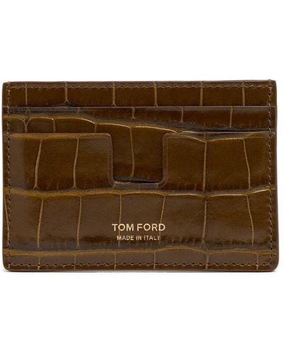 Tom Ford Shiny Croc Embossed Card Holder - Brown