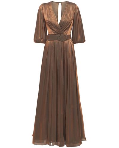 Costarellos Belted Lurex Georgette Draped Gown - Brown