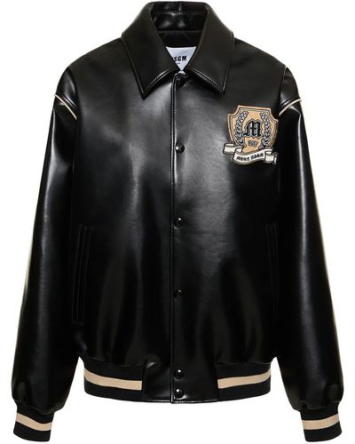 MSGM Faux Leather Bomber Jacket - Black