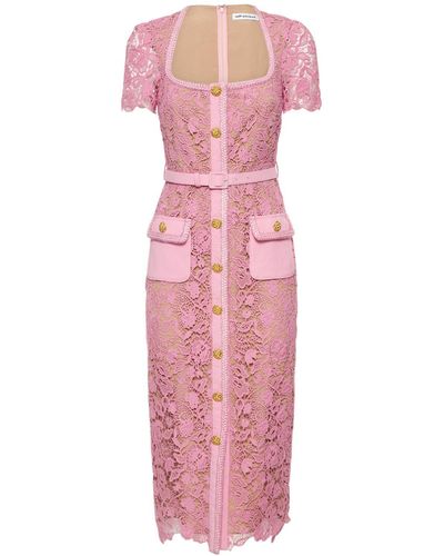 Self-Portrait Midi Lace Sheath Dress With Golden Buttons - Pink