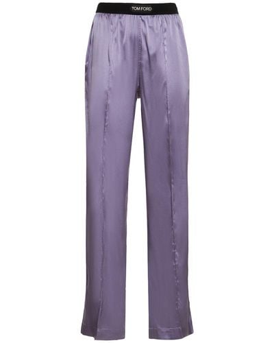 Tom Ford Pantaloni in raso di seta con logo - Viola