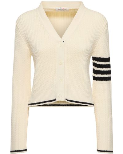 Thom Browne Cable Knit Cropped V Neck Cardigan - Natural