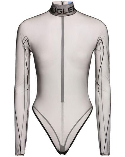 Mugler Sheer Tulle Turtleneck Bodysuit - Gray