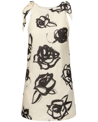 MSGM Printed Brushed Linen Mini Dress - Natural