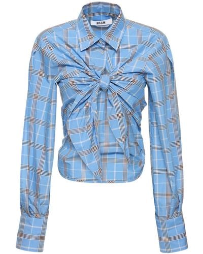 MSGM Cotton Blend Tartan Crop Shirt - Blue