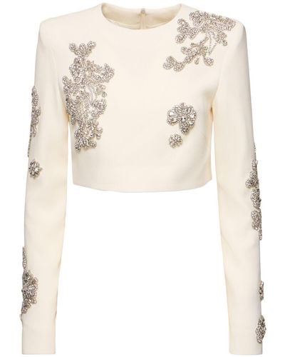 Zuhair Murad Embroidered Cady Long Sleeve Crop Top - Natural