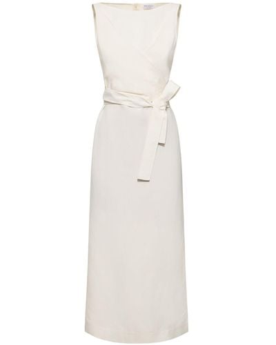 Brunello Cucinelli Sleeveless Fluid Twill Midi Dress - White