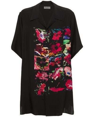 Yohji Yamamoto Flower Print Long Silk Shirt - Black