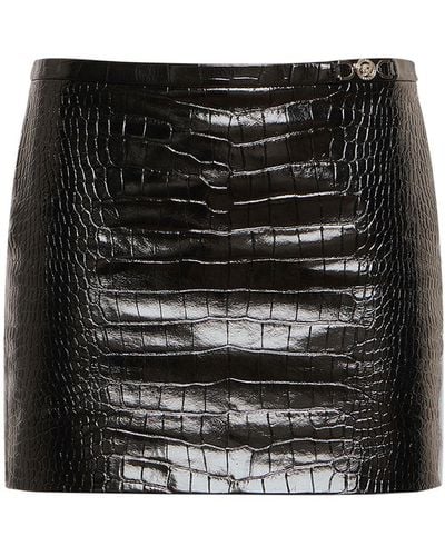 Versace Crocodile Embossed Leather Mini Skirt - Black
