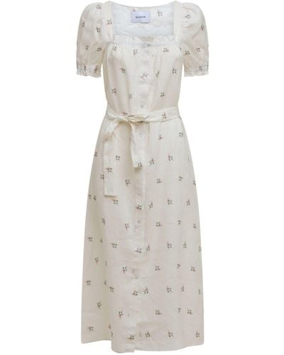 Sleeper Brigitte Bouquets Linen Midi Dress - White