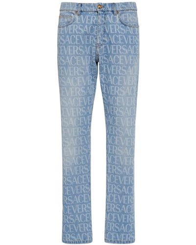 Versace Monogram Cotton Denim Jeans - Blue