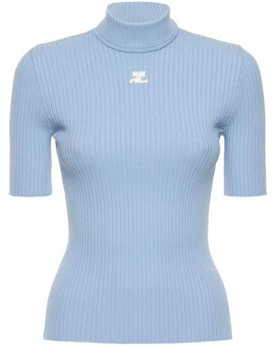 Courreges Knit Viscose Blend Logo Top - Blue