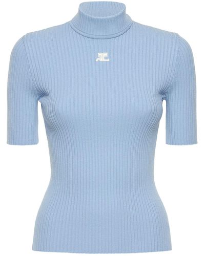 Courreges Top in maglia di misto viscosa / logo - Blu