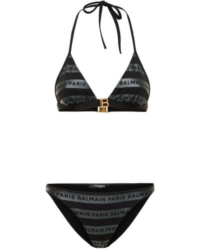 Balmain Bikini triangle à rayures pailletées et logo - Noir