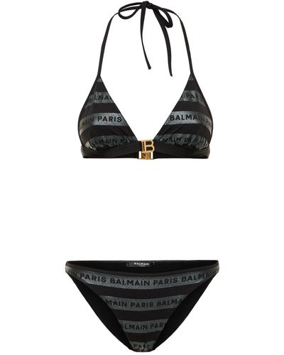 Balmain Glitter Striped Logo Triangle Bikini - Black