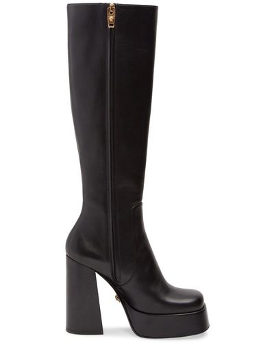 Versace 120Mm Leather Tall Boots - Black