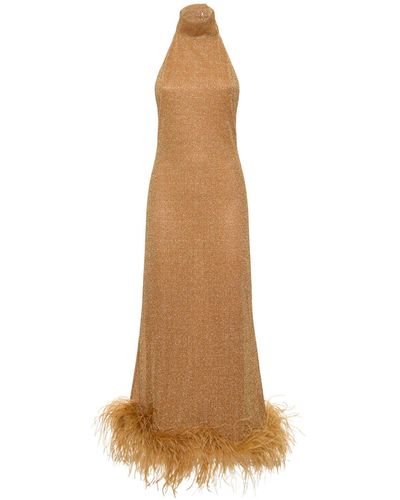 Oséree Lumière Lurex Long Dress W/ Feathers - Natural