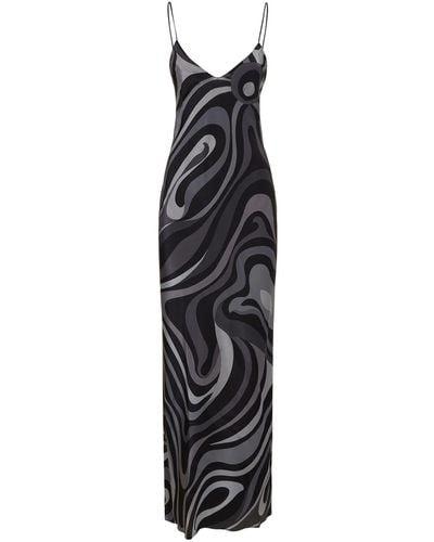 Emilio Pucci Printed Silk Crepe V-neck Long Dress - Black