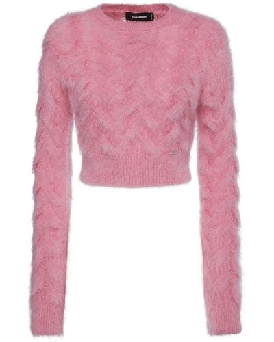 DSquared² 3D Cable Knit Mohair Crop Sweater - Pink