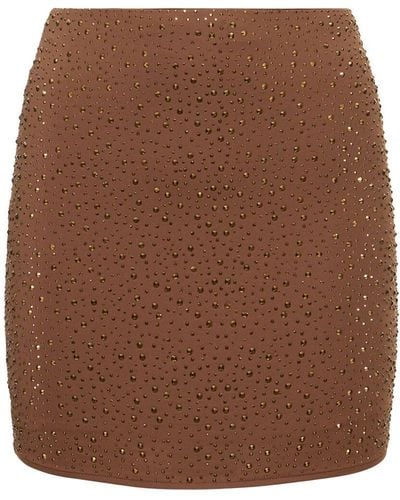 Leslie Amon Embellished Stretch Tech Mini Skirt - Brown