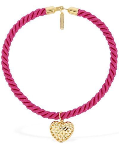 Timeless Pearly Heart Charm Cotton Wire Collar Necklace - Pink
