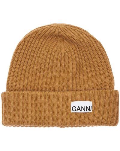 Ganni Recycled Wool Blend Knit Beanie - Brown