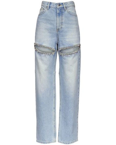 Area Embellished Straight Denim Jeans - Blue