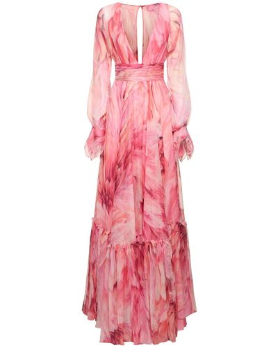 Roberto Cavalli Printed Silk Chiffon Crepon Long Dress - Pink