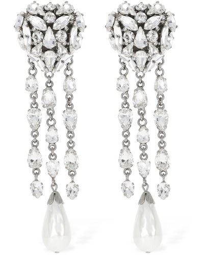 Alessandra Rich Crystal Heart Earrings W/ Fringes - White