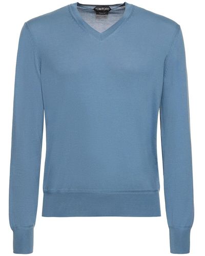 Tom Ford Superfine Cotton V Neck Sweater - Blue