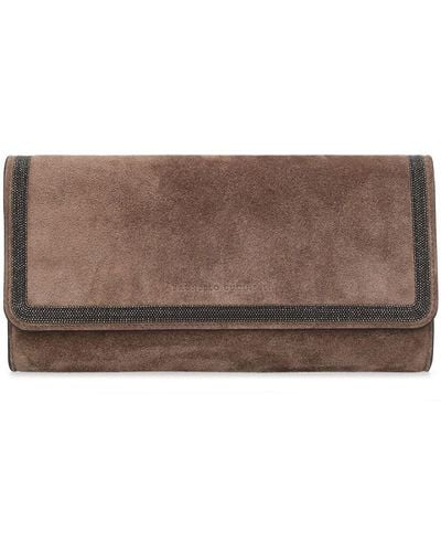 Brunello Cucinelli Softy Velour Embellished Leather Pouch - Brown