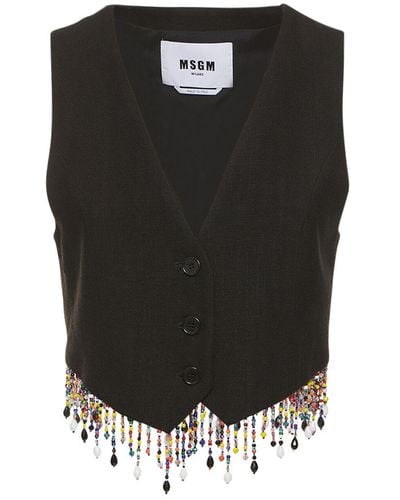 MSGM Embellished Linen Blend Crop Vest - Black