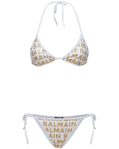 Balmain Printed Logo Tech Triangle Bikini - White
