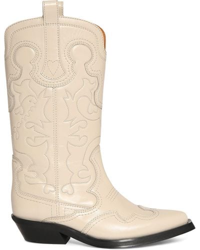 Ganni 40Mm Mid Shaft Embroidered Western Boots - Natural
