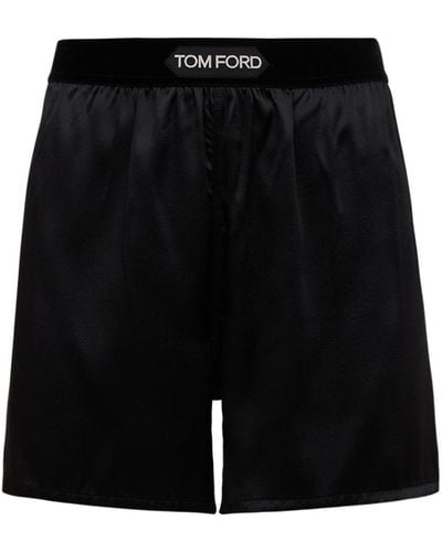 Tom Ford Shorts De Satén De Seda Con Logo - Negro