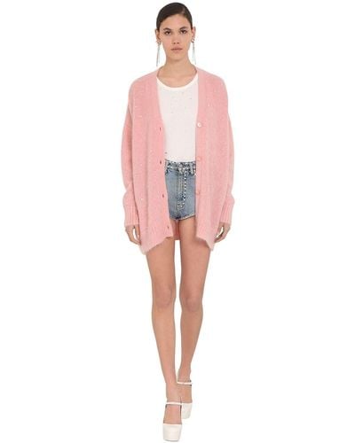 Miu Miu Oversize Mohair Knit Cardigan W/crystals - Pink