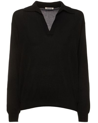 AURALEE Fine Cashmere & Silk Knit Polo Sweater - Black