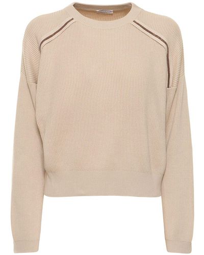 Brunello Cucinelli Embellished Cotton Crewneck Sweater - Natural