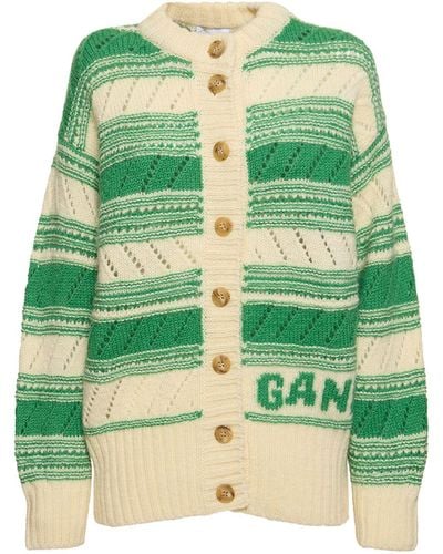 Ganni Striped Wool Cardigan - Green