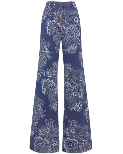 Etro Floral Denim High Rise Flared Jeans - Blue