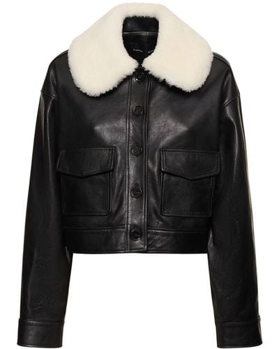 Proenza Schouler Crop Leather Jacket W/Shearling Collar - Black